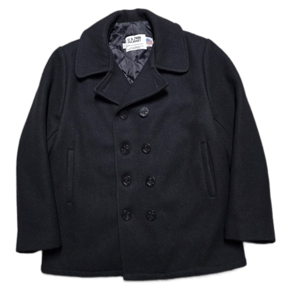 Schott U.S. 740N Pea Jacket Mens 46 Black Wool Navy Peacoat Made USA Winter Coat - Picture 1 of 16